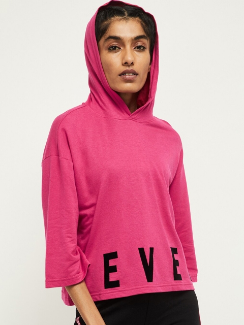 

max Women Fuchsia Pink & Black Typography Printed Hooded T-shirt