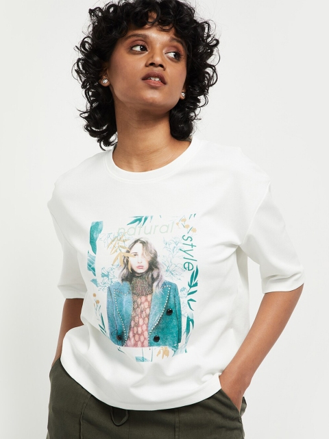 

max Women Cream-Coloured & Blue Printed Embellished T-shirt