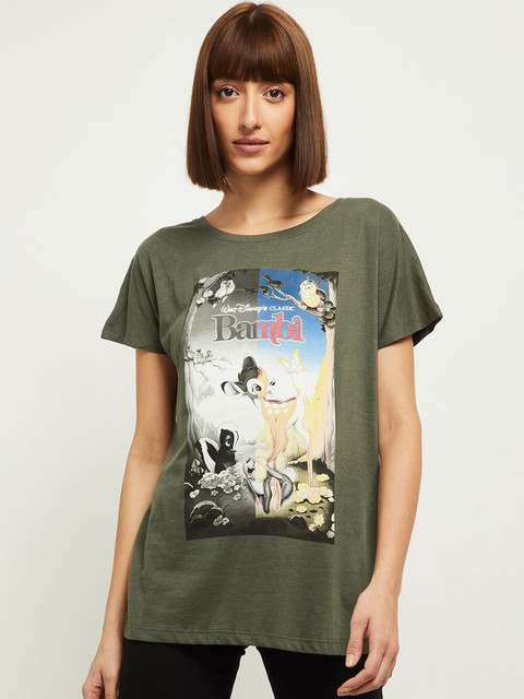 

max Women Olive Green & Black Bambi Printed T-shirt