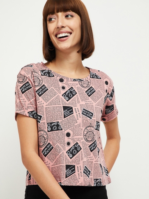 

max Women Pink & Black Typography Printed T-shirt