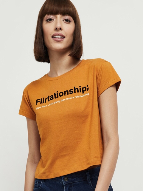 

max Women Mustard Yellow & Black Typography Printed T-shirt