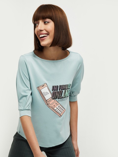

max Women Sea Green & Beige Typography Printed T-shirt