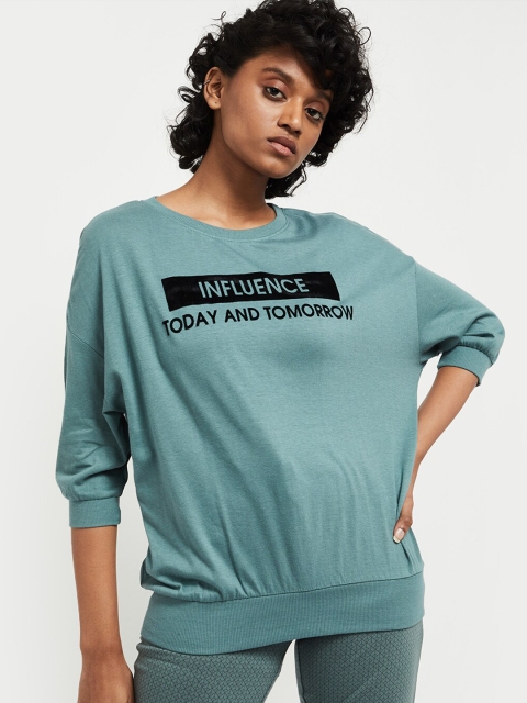 

max Women Green & Black Typography Printed T-shirt