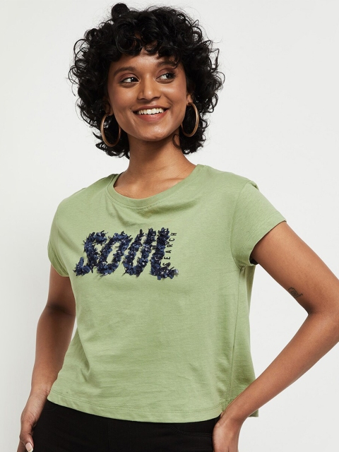 

max Women Green & Blue Typography Printed Embellished T-shirt