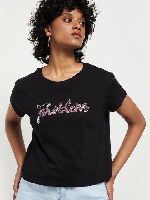 

max Women Black & Pink Typography Embellished T-shirt