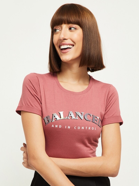 

max Women Pink & White Typography Printed T-shirt