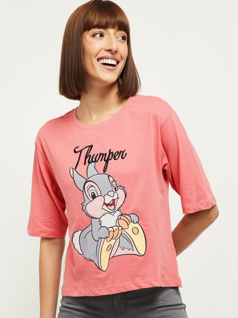 

max Women Pink & Grey Printed T-shirt