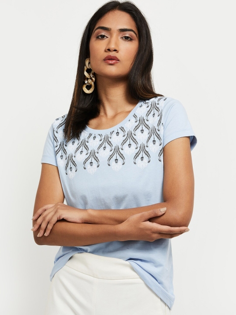 

max Women Blue & Grey Printed T-shirt