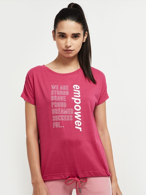 

max Women Fuchsia Pink & White Typography Printed Extended Sleeves T-shirt