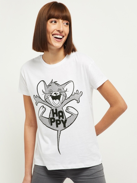 

max Women White & Grey Tom & Jerry Printed T-shirt