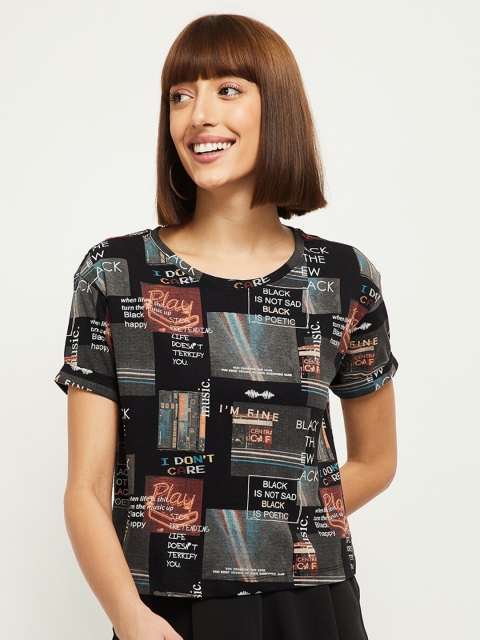 

max Women Black & Rust Typography Printed T-shirt