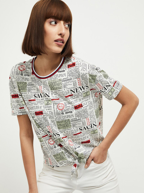 

max Women Off White & Black Printed T-shirt