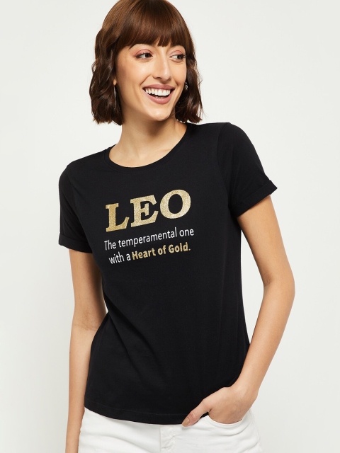 

max Women Black & Gold-Toned Typography Printed T-shirt