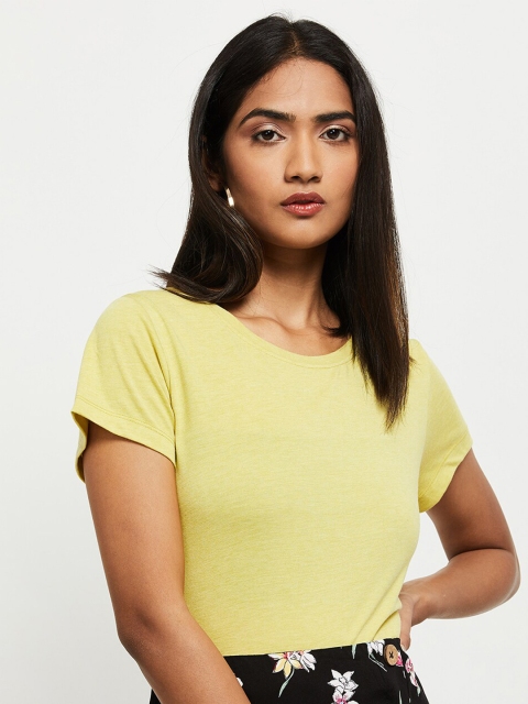 

max Women Lime Green Solid Longline T-shirt