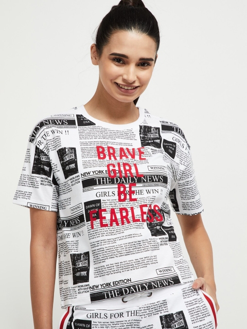 

max Women White & Black Printed T-shirt