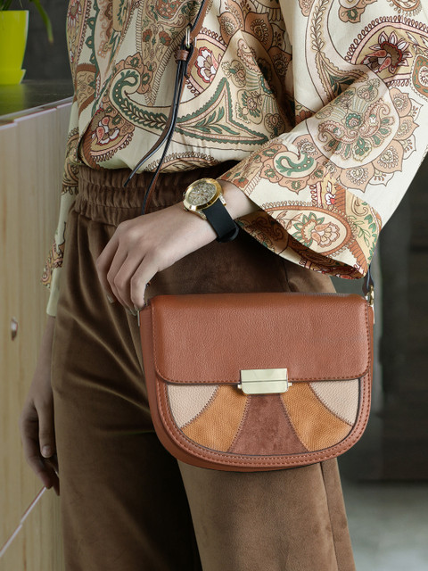 

Accessorize Tan Brown & Beige Colourblocked Half Moon Sling Bag