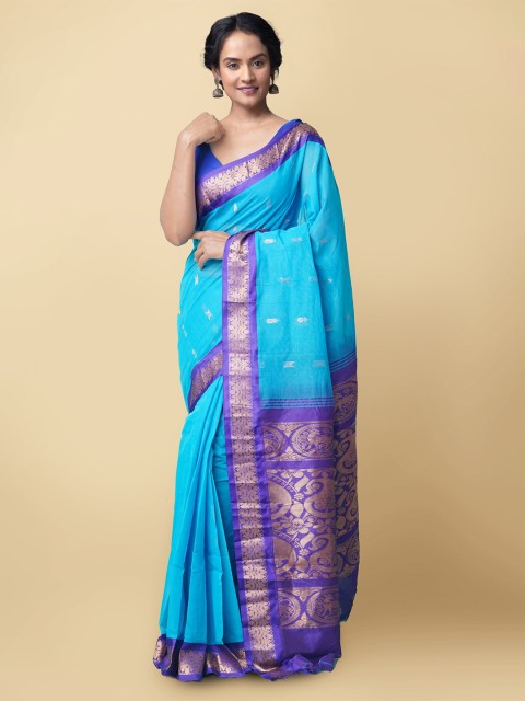 

Unnati Silks Blue & Gold-Toned Zari Pure Cotton Handloom Sustainable Gadwal Saree