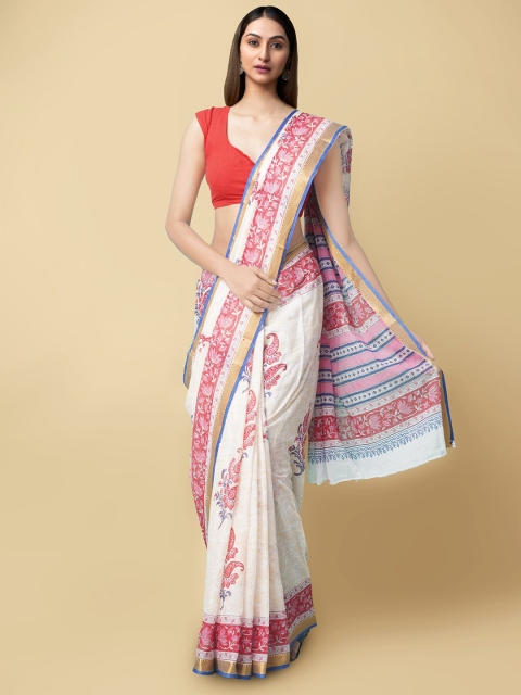 

Unnati Silks Women Cream-Coloured & Red Pure Block Printed Mulmul Cotton Sustainable Saree