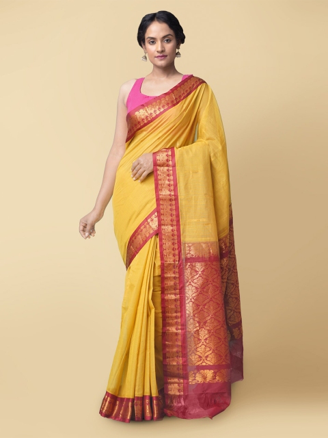 

Unnati Silks Yellow & Gold-Toned Zari Pure Cotton Handloom Sustainable Gadwal Saree