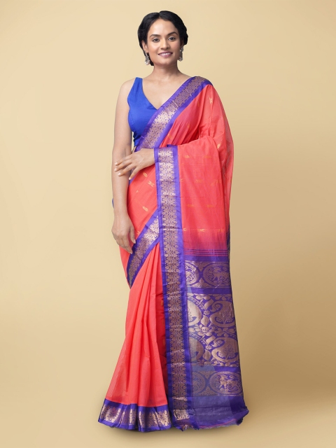 

Unnati Silks Red & Blue Ethnic Motifs Zari Pure Cotton Handloom Sustainable Gadwal Saree