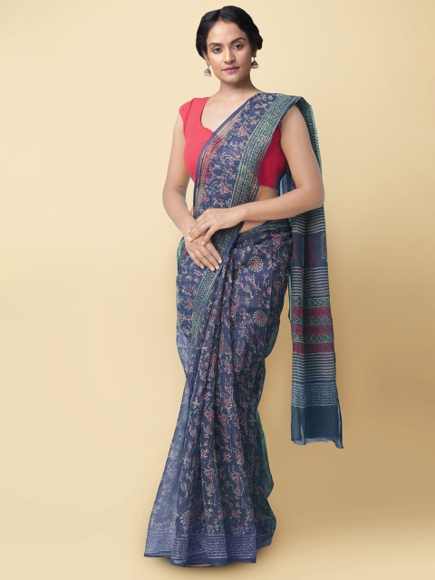 

Unnati Silks Blue & Red Warli Pure Cotton Handloom Sustainable Kota Saree