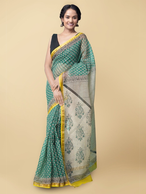 

Unnati Silks Sea Green & Yellow Floral Pure Cotton Handloom Sustainable Kota Saree