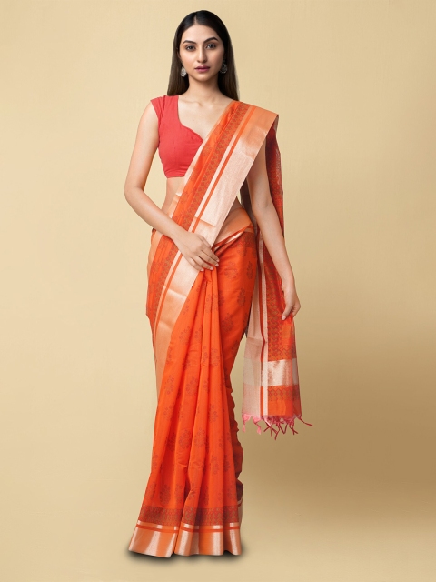 

Unnati Silks Red & Gold-Toned Paisley Zari Silk Cotton Handloom Chanderi Saree