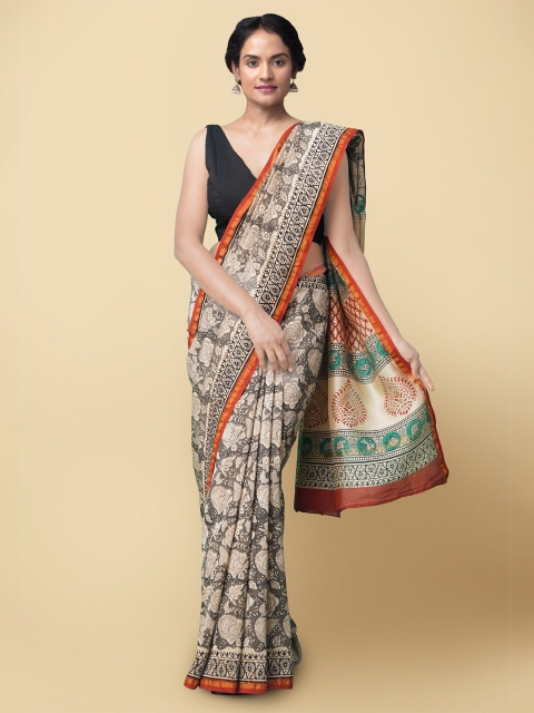 

Unnati Silks Grey & White Floral Silk Cotton Handloom Chanderi Saree