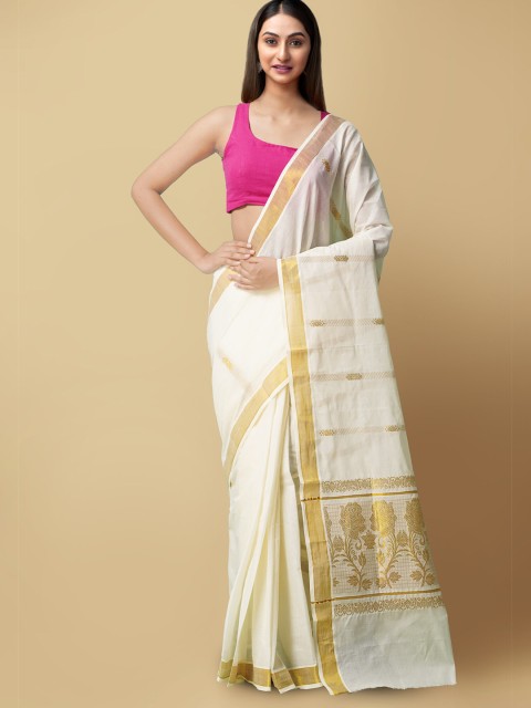 

Unnati Silks Cream-Coloured & Gold-Toned Zari Pure Cotton Handloom Sustainable Kota Saree
