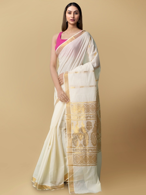 

Unnati Silks Cream-Coloured & Gold-Toned Zari Pure Cotton Handloom Sustainable Kota Saree