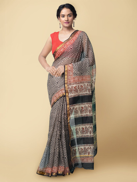 

Unnati Silks Beige & Black Zari Pure Cotton Handloom Sustainable Kota Saree
