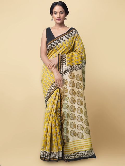 

Unnati Silks Yellow & Black Ethnic Motifs Silk Cotton Handloom Chanderi Saree