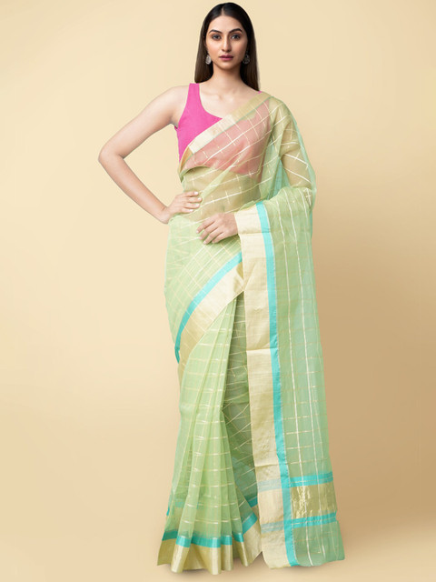 

Unnati Silks Green & Gold-Toned Checked Zari Organza Handloom Murshidabad Silk Saree