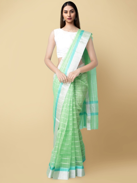 

Unnati Silks Green & Gold-Toned Checked Zari Organza Handloom Murshidabad Silk Saree