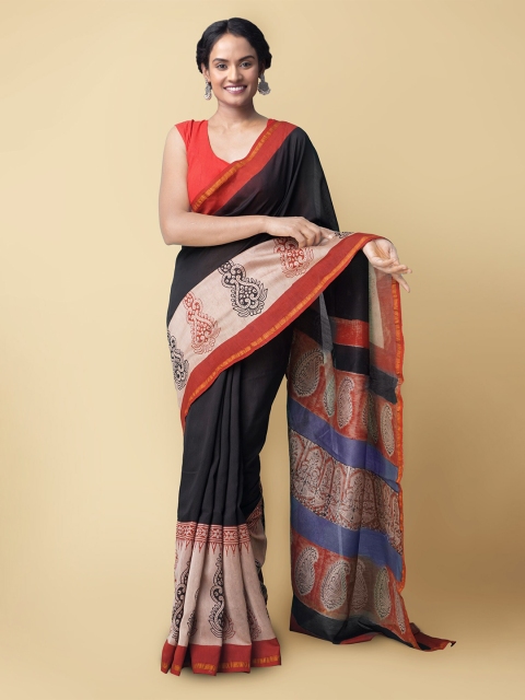 

Unnati Silks Black & Red Ethnic Motifs Silk Cotton Handloom Chanderi Saree