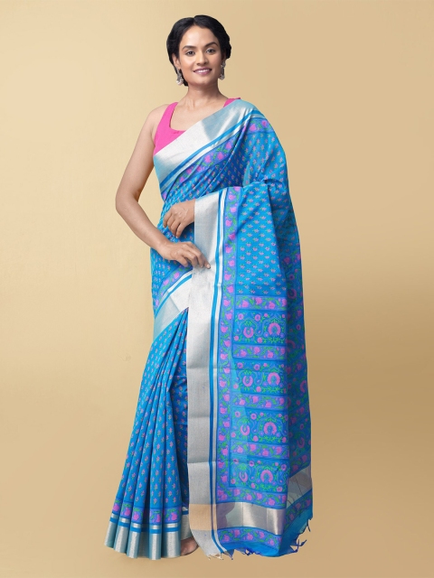 

Unnati Silks Women Blue & Silver-Toned Pure Vrinda Chanderi Sico Sustainable Saree