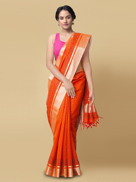 

Unnati Silks Red & Gold-Toned Floral Zari Silk Cotton Handloom Chanderi Saree