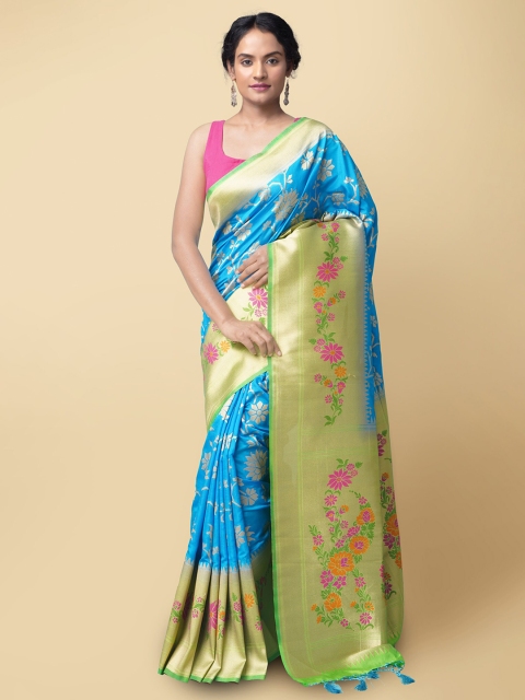 

Unnati Silks Blue & Gold-Toned Floral Silk Cotton Handloom Banarasi Saree