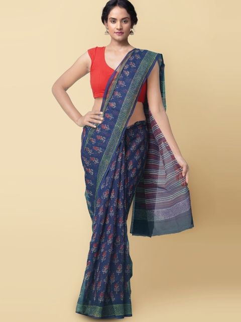 

Unnati Silks Navy Blue & Red Floral Pure Cotton Handloom Sustainable Kota Saree