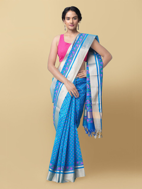 

Unnati Silks Women Blue & Pink Pure Vrinda Chanderi Sico Sustainable Saree