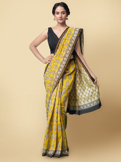 

Unnati Silks Yellow & Black Floral Silk Cotton Handloom Chanderi Saree