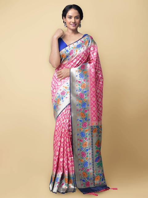

Unnati Silks Pink & Blue Floral Silk Cotton Handloom Banarasi Saree
