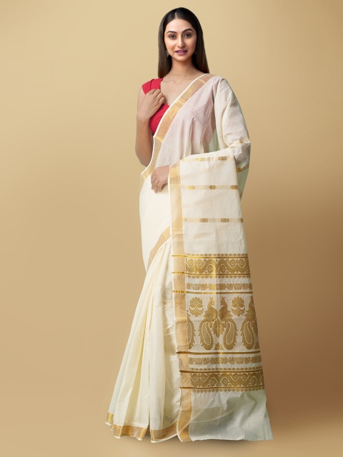 

Unnati Silks Cream-Coloured & Gold-Toned Zari Pure Cotton Handloom Sustainable Kota Saree