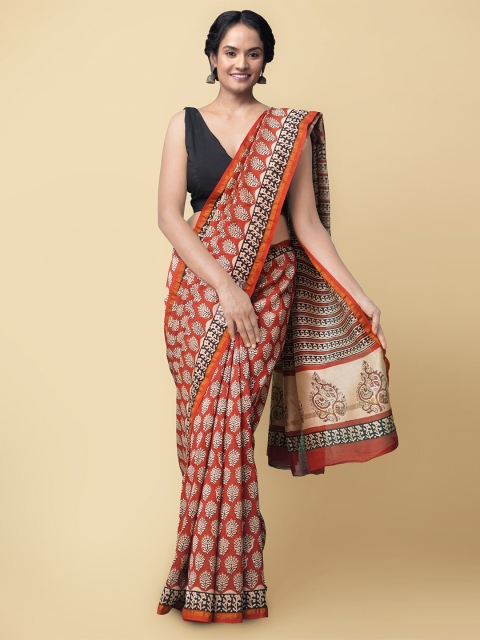 

Unnati Silks Women Red & Beige Pure Preet Bagru Chanderi Sico Sustainable Saree