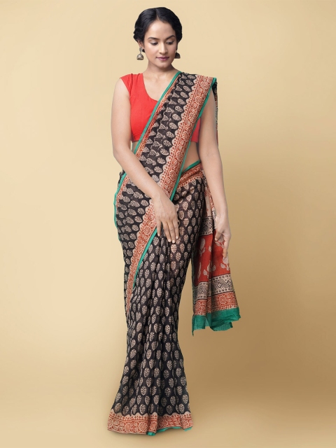 

Unnati Silks Women Black & Green Pure Preet Bagru Kota Cotton Sustainable Saree