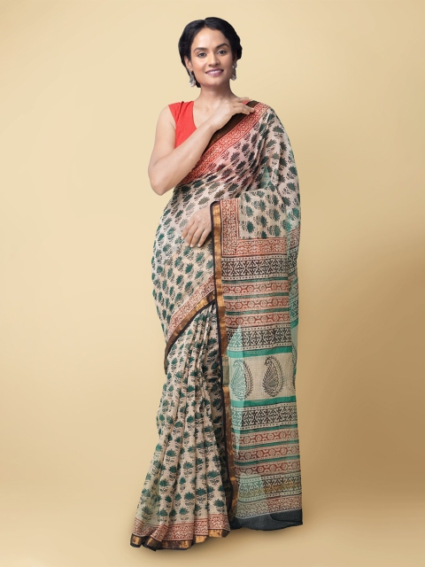 

Unnati Silks Beige & Green Floral Zari Pure Cotton Handloom Sustainable Kota Saree