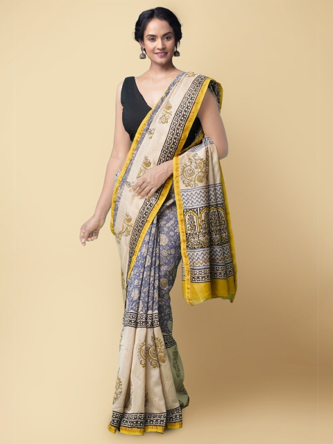 

Unnati Silks Blue & Yellow Ethnic Motifs Silk Cotton Handloom Chanderi Saree