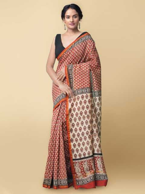 

Unnati Silks Red & Beige Floral Silk Cotton Handloom Chanderi Saree