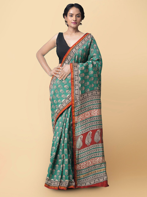 

Unnati Silks Green & Beige Floral Silk Cotton Handloom Chanderi Saree