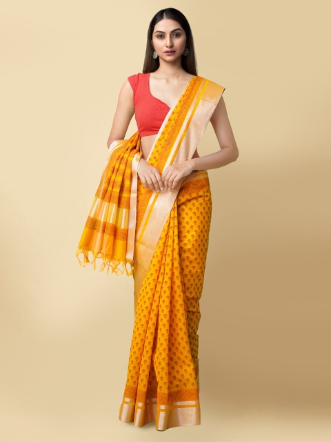 

Unnati Silks Women Yellow & Gold-Toned Pure Vrinda Chanderi Sico Sustainable Saree